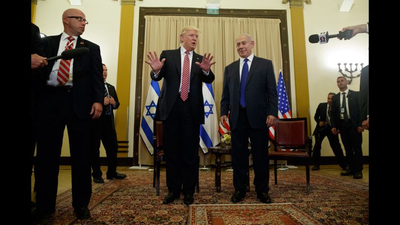 Trump talks to reporters as he meets with Israeli Prime Minister Benjamin Netanyahu on May 22. <a href="index.php?page=&url=http%3A%2F%2Fwww.cnn.com%2F2017%2F05%2F22%2Fpolitics%2Ftrump-israel-russia-intelligence%2F" target="_blank">Trump sought to rebut claims</a> that he damaged Israeli intelligence capabilities by revealing highly classified information to Russian operatives earlier this month. "Just so you understand, I never mentioned the word or the name Israel," Trump told reporters as he began the second leg of his first foreign tour.