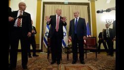 President Donald Trump talks to reporters before a meeting with Israeli Prime Minister Benjamin Netanyahu, Monday, May 22, 2017, in Jerusalem. (AP Photo/Evan Vucci)