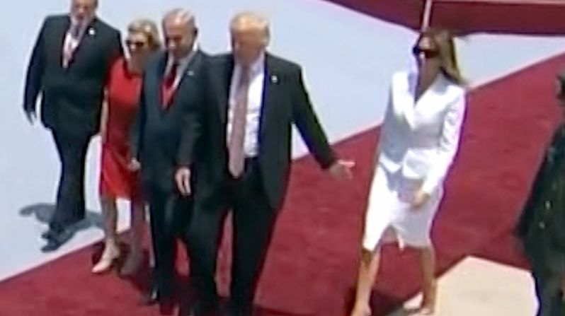 A video clip <a href="index.php?page=&url=http%3A%2F%2Fwww.cnn.com%2F2017%2F05%2F22%2Fpolitics%2Fmelania-trump-hand-swat-israel%2F" target="_blank">went viral</a> in May 2017 after the first lady appeared to swat her husband's hand away after landing in Israel. It's unclear what caused the swat, if anything. The Trumps held hands minutes later on the tarmac. They also held hands multiple times during their tour of the Middle East.
