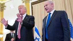 US President Donald Trump (L) reacts to a reporter's question after he and Israel's Prime Minister Benjamin Benjamin Netanyahu spoke to the press ahead of a bilateral meeting at a hotel in Jerusalem on May 22, 2017. / AFP PHOTO / MANDEL NGAN        (Photo credit should read MANDEL NGAN/AFP/Getty Images)