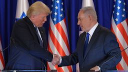US President Donald Trump and Israel's Prime Minister Benjamin Netanyahu shake hands after delivering press statements before an official dinner in Jerusalem on May 22, 2017. (MANDEL NGAN/AFP/Getty Images)