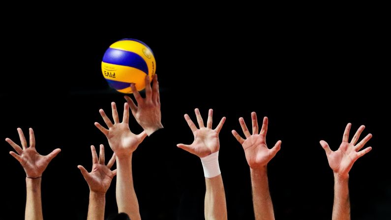 Turkey's Demir Selim smashes the volleyball during the bronze-medal match at the Islamic Solidarity Games on Sunday, May 21. Algeria won the match, which took place in Baku, Azerbaijan.