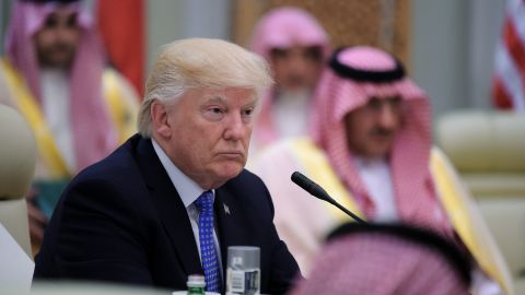 US President Donald Trump attends a meeting with leaders of the Gulf Cooperation Council at the King Abdulaziz Conference Center in Riyadh on May 21.