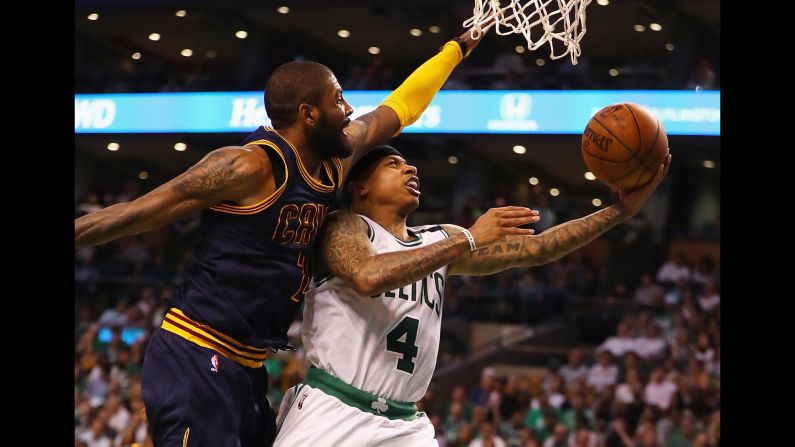 Boston's Isaiah Thomas is guarded by Cleveland's Kyrie Irving during Game 1 of the NBA's Eastern Conference Finals on Wednesday, May 17.
