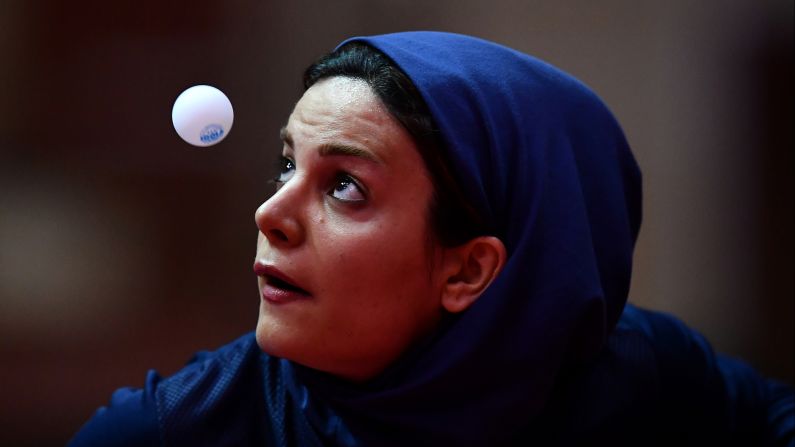Iran's Neda Shahsavari eyes the ball during a table tennis match at the Islamic Solidarity Games on Thursday, May 18.