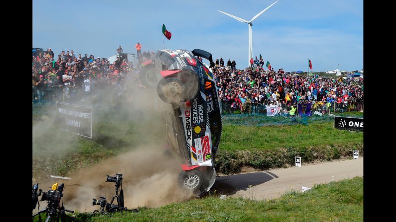 The rally car of Quentin Gilbert and Renaud Jamoul crashes during a race in northern Portugal on Sunday, May 21. Neither was injured. <a href="index.php?page=&url=https%3A%2F%2Fwww.topgear.com%2Fcar-news%2Fmotorsport%2Fvideo-how-not-jump-rally-car" target="_blank" target="_blank">See the wreck</a>