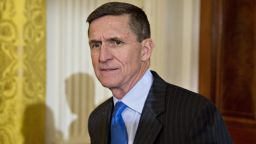 WASHINGTON, DC - JANUARY 22: Retired Lieutenant General Michael Flynn, U.S. national security advisor, arrives to a swearing in ceremony of White House senior staff in the East Room of the White House on January 22, 2017 in Washington, DC. Trump today mocked protesters who gathered for large demonstrations across the U.S. and the world on Saturday to signal discontent with his leadership, but later offered a more conciliatory tone, saying he recognized such marches as a "hallmark of our democracy." (Photo by Andrew Harrer-Pool/Getty Images)