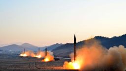 TOPSHOT - This undated picture released by North Korea's Korean Central News Agency (KCNA) via KNS on March 7, 2017 shows the launch of four ballistic missiles by the Korean People's Army (KPA) during a military drill at an undisclosed location in North Korea.

Nuclear-armed North Korea launched four ballistic missiles on March 6 in another challenge to President Donald Trump, with three landing provocatively close to America's ally Japan. / AFP PHOTO / KCNA VIA KNS / STR / South Korea OUT / REPUBLIC OF KOREA OUT   ---EDITORS NOTE--- RESTRICTED TO EDITORIAL USE - MANDATORY CREDIT "AFP PHOTO/KCNA VIA KNS" - NO MARKETING NO ADVERTISING CAMPAIGNS - DISTRIBUTED AS A SERVICE TO CLIENTS
THIS PICTURE WAS MADE AVAILABLE BY A THIRD PARTY. AFP CAN NOT INDEPENDENTLY VERIFY THE AUTHENTICITY, LOCATION, DATE AND CONTENT OF THIS IMAGE. THIS PHOTO IS DISTRIBUTED EXACTLY AS RECEIVED BY AFP.  /         (Photo credit should read STR/AFP/Getty Images)