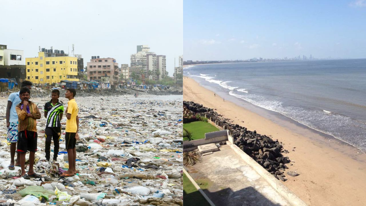 On the left, a photograph of part of Versova beach taken on August 6, 2016. On the right is an image of the beach tweeted on May 20, 2017.