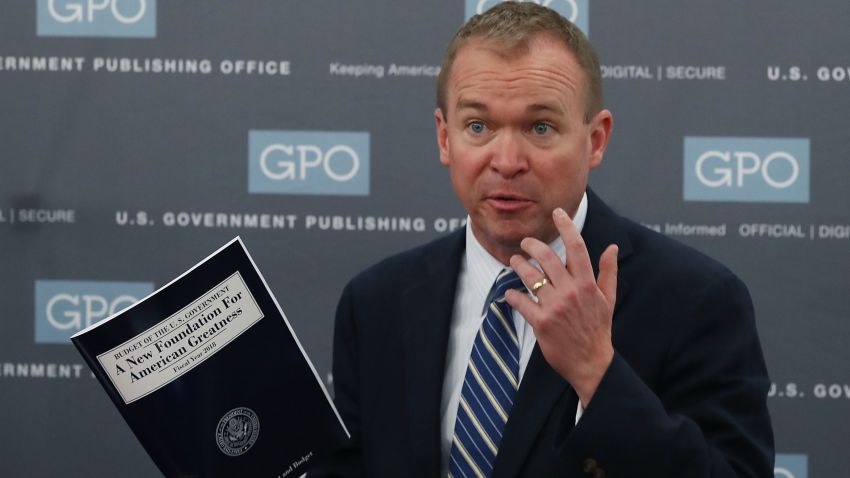 WASHINGTON, DC - MAY 19:  Office of Management and Budget Director Mick Mulvaney, holds a copy of President Trump's FY'18 budget while touring the binding facility at the Government Publishing Office, on May 19, 2017 in Washington, DC.  (Photo by Mark Wilson/Getty Images)