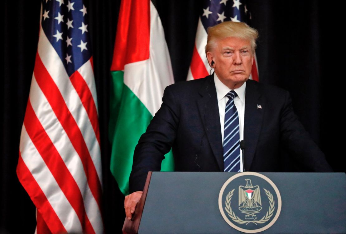 President Donald Trump responds to the Manchester terror attack during a joint press conference with Palestinian Authority President Mahmoud Abbas in the West Bank city of Bethlehem on May 23, 2017. 