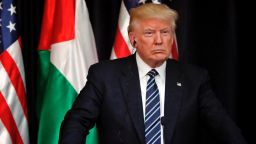 US President Donald Trump is seen during a joint press conference with the Palestinian leader at the presidential palace in the West Bank city of Bethlehem on May 23, 2017. 