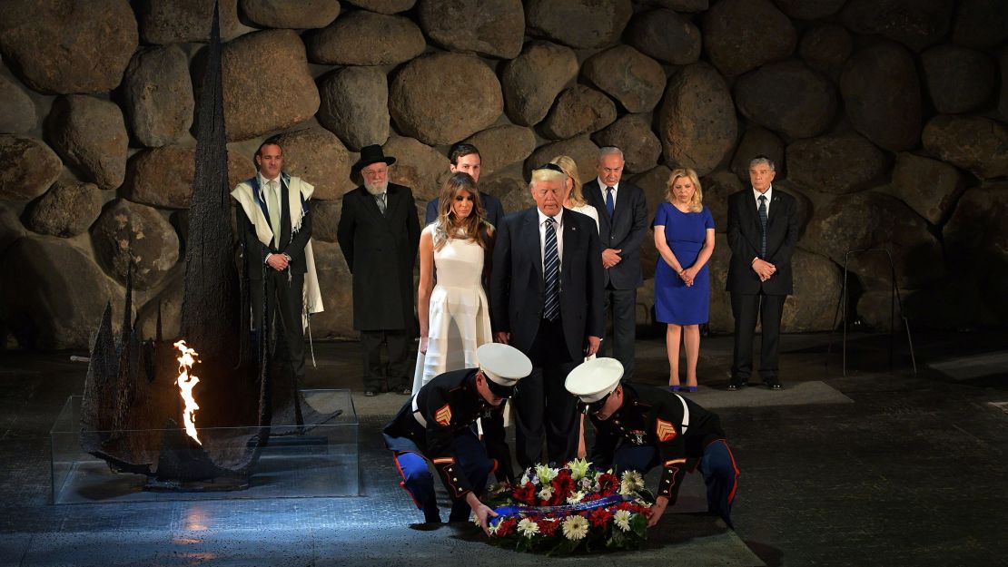 President Donald Trump and First Lady Melania Trump lay a wreath during a visit to the Yad Vashem Holocaust Memorial in Jerusalem on Tuesday, May 23.