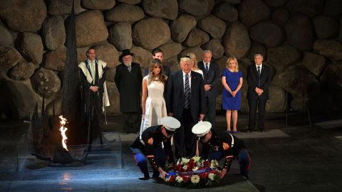 President Donald Trump and First Lady Melania Trump lay a wreath during a visit to the Yad Vashem Holocaust Memorial in Jerusalem on Tuesday, May 23.
