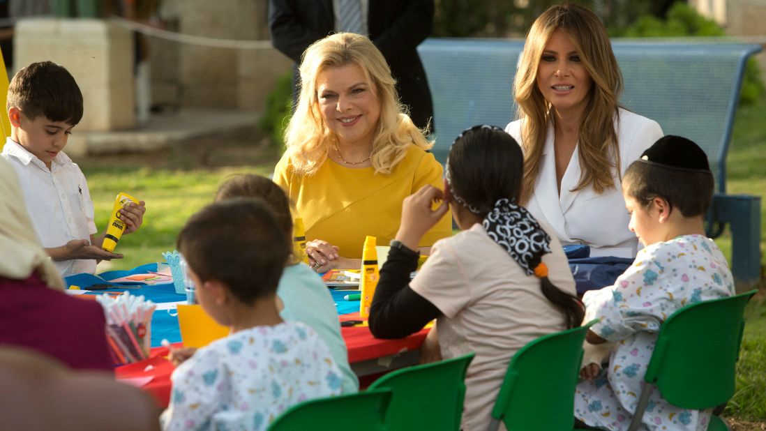 Melania Trump and Israeli first lady Sara Netanyahu speak to children during their visit to the Hadassah hospital in Jerusalem on May 22.