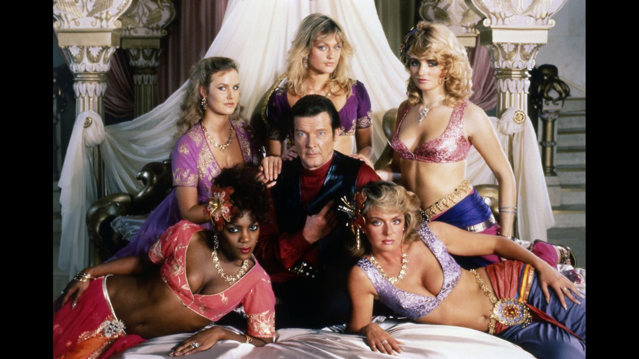 Moore and some of his co-stars from the 1983 Bond film "Octopussy."