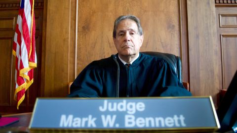 U.S. District Court Judge Mark Bennett on the bench in a federal courtroom in Sioux City, Iowa.