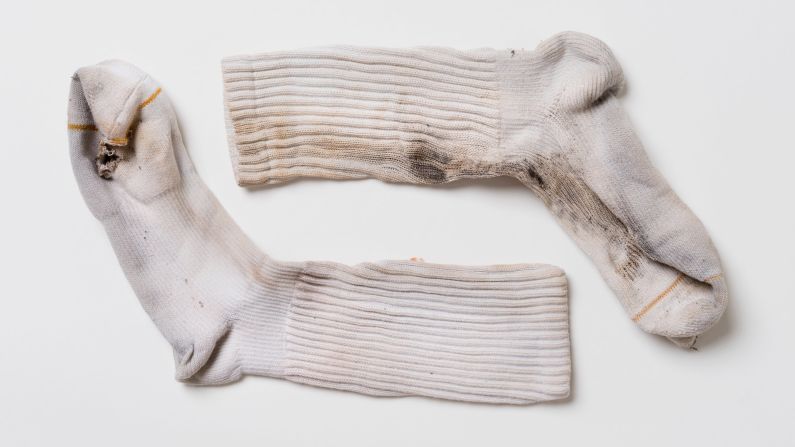 Socks worn by Justin Gauger when he was struck by lightning. The singe marks line up with burn marks on the interior of the boots he wore that day.