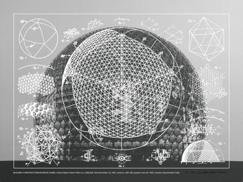 "This is an example of the pattern drawings that were submitted by Buckminster Fuller. Buckminster was the architect and visionary of the Geodesic Dome, one of the things that became very popular with the back-to-land commune movement. After the summer of love in San Francisco a lot of the hippy communities moved to the desert, to the forest and all over America. The Geodesic dome was their preferred form of architecture and home, partly because it was easy to build out of materials, but also because it represented a new society, a networked society of pieces coming together joined through these links."