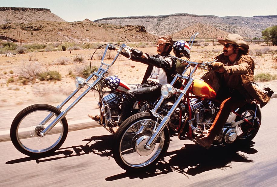 "This is the Captain America Motorcycle designed by Ben Harvey and Clifford Vaughn -- two motorcycle customization people working during the 1960s in LA. They made the bike for Easy Rider and Peter Fonda (left.) We have a replica of the bike in the show as the original was destroyed in the movie."
