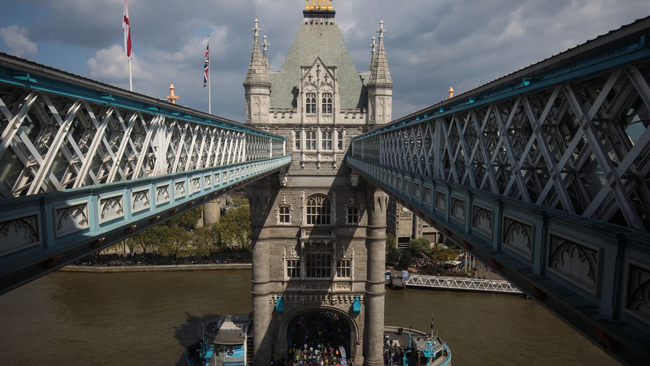 Tower Bridge, pictured here during the  2017  London Marathon, is one of the world's most famous bridges.