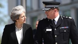 MANCHESTER, ENGLAND - MAY 23:  (EDITOR'S NOTE: Alternative crop of image #687192080)   Britain's Prime Minister Theresa May meets Chief Constable of Greater Manchester Police Ian Hopkins on May 23, 2017 in Manchester, England. Prime Minister Theresa May held a COBRA meeting this morning following a suicide attack at Manchester Arena as concert goers were leaving the venue after Ariana Grande had performed. Greater Manchester Police have confirmed the explosion as a terrorist attack with 22 fatalities and 59 injured.  (Photo by Leon Neal/Getty Images)
