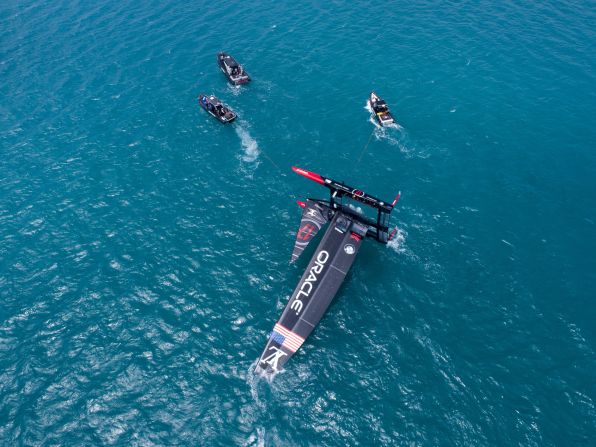 <strong>Oracle Team USA:</strong> "These kinds of events only happen once -- hopefully never -- during a campaign and when the boat goes over it's only a matter of minutes until it's been righted so the shooting window is very fast. I was lucky to have the drone in the air during this capsize and positioned it right over the yacht. The perspective was completely different, as though the catamaran was pinned up against a blue canvas but the chase boats were swimming away like little fish. It always makes me look twice" -- Sam Greenfield.