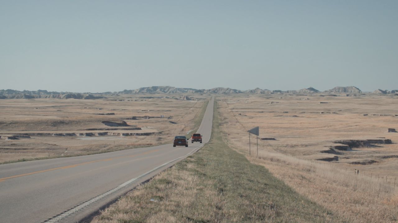 A road leading out of the Pine Ridge Indian Reservation in South Dakota.