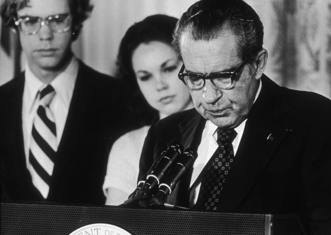 President Richard Nixon reading a farewell speech to his staff following his resignation in August of 1974.