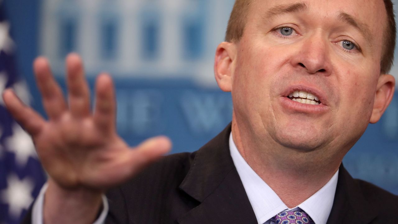 Office of Management and Budget Director Mick Mulvaney holds a news conference to discuss the Trump Administration's proposed FY2017 federal budget in the Brady Press Briefing Room at the White House May 23, 2017 in Washington, DC.