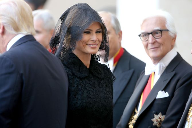 Melania Trump arrives at the Vatican, where she and her husband met Pope Francis in May 2017. <a href="index.php?page=&url=http%3A%2F%2Fwww.cnn.com%2F2017%2F05%2F24%2Fpolitics%2Fmelania-trump-pope-francis-headscarf-fashion%2Findex.html" target="_blank">With Vatican protocol in mind,</a> she wore a black veil and a long-sleeved black dress draped down to her calf.
