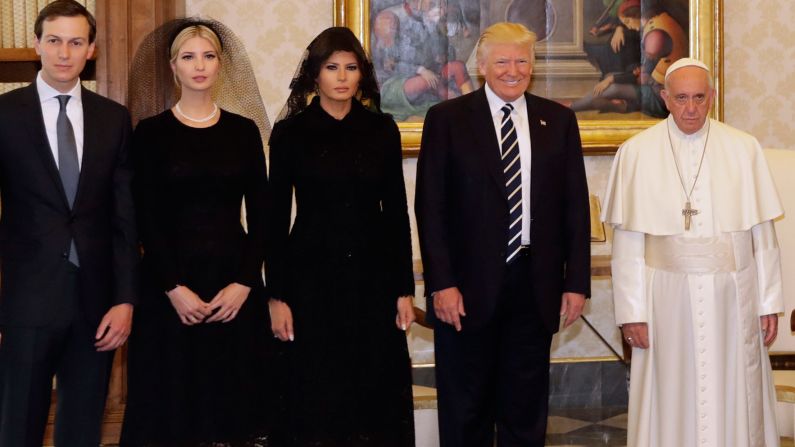 Pope Francis stands with Trump and his family during <a href="index.php?page=&url=http%3A%2F%2Fwww.cnn.com%2F2017%2F05%2F24%2Fpolitics%2Ftrump-pope-francis-vatican-city%2Findex.html" target="_blank">a private audience at the Vatican</a> on May 24. Joining the President, from left, are Trump's son-in-law, White House senior adviser Jared Kushner; Trump's daughter and adviser Ivanka Trump; and first lady Melania Trump.