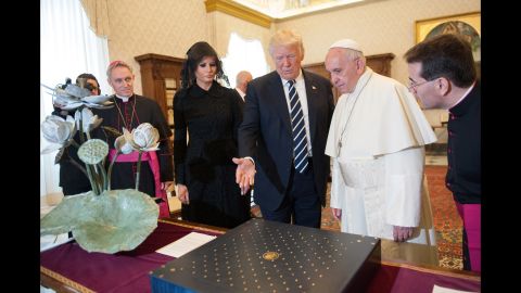 Trump and the Pope exchange gifts. Trump presented the Pope with a first-edition set of Martin Luther King's writings. The Pope gave Trump an olive-tree medal that the Pope said symbolizes peace.