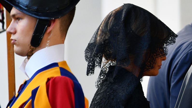 Melania Trump arrives at the Vatican on May 24. <a href="index.php?page=&url=http%3A%2F%2Fwww.cnn.com%2F2017%2F05%2F24%2Fpolitics%2Fmelania-trump-pope-francis-headscarf-fashion%2Findex.html" target="_blank">With Vatican protocol in mind,</a> she wore a black veil and long-sleeved black dress draped down to her calf. Ivanka Trump wore a similar outfit with a larger veil.