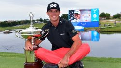 IRVING, TX - MAY 21:  Billy Horschel poses with the trophy after winning the AT&T Byron Nelson at the TPC Four Seasons Resort Las Colinas on May 21, 2017 in Irving, Texas.  (Photo by Drew Hallowell/Getty Images)