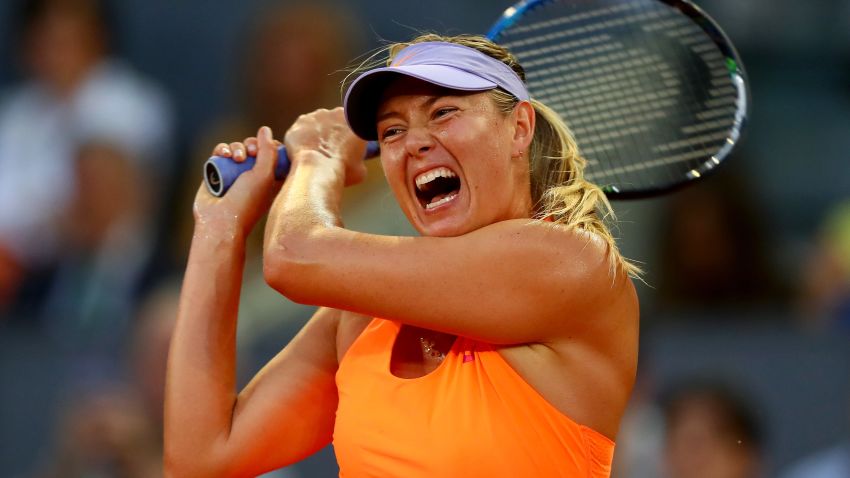 MADRID, SPAIN - MAY 08:  Maria Sharapova of Russia in action during her match against Eugenie Bouchard of Canada on day three of the Mutua Madrid Open tennis at La Caja Magica on May 8, 2017 in Madrid, Spain.  (Photo by Clive Rose/Getty Images)