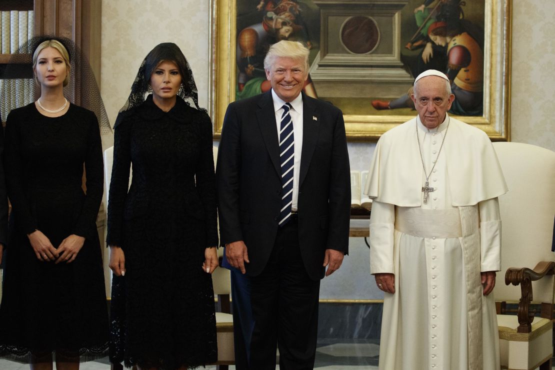 Ivanka Trump, first lady Melania Trump, and President Donald Trump stand with Pope Francis during a meeting May 24