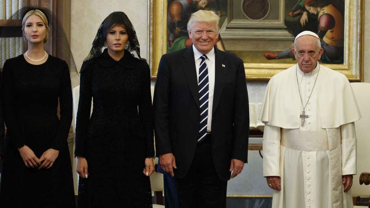 Ivanka Trump, first lady Melania Trump, and President Donald Trump stand with Pope Francis during a meeting May 24