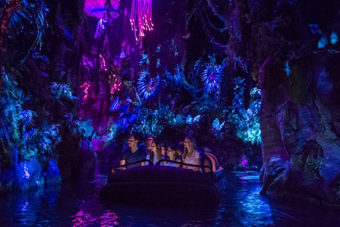 In the family-friendly Na'vi River Journey, guests sail in reed boats down a mysterious, sacred river hidden within the bioluminescent rainforest. 