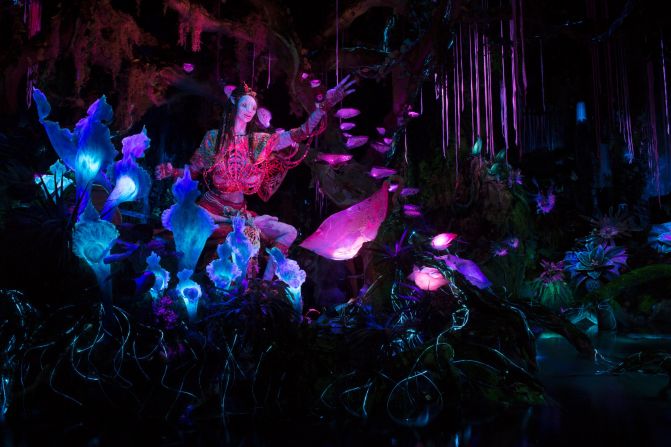 The boats float past glowing plants and amazing creatures, ending in an encounter with a Na'vi shaman.