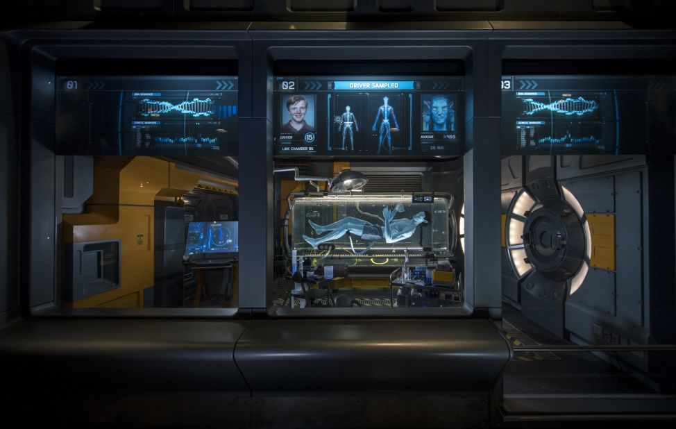 The 3-D Adventure, Avatar Flight of Passage, connects guests with an avatar and allows them to soar on a banshee over Pandora. Guests in line get a look at the ride's high-tech research lab to see an avatar in its growth state inside an amnio tank.