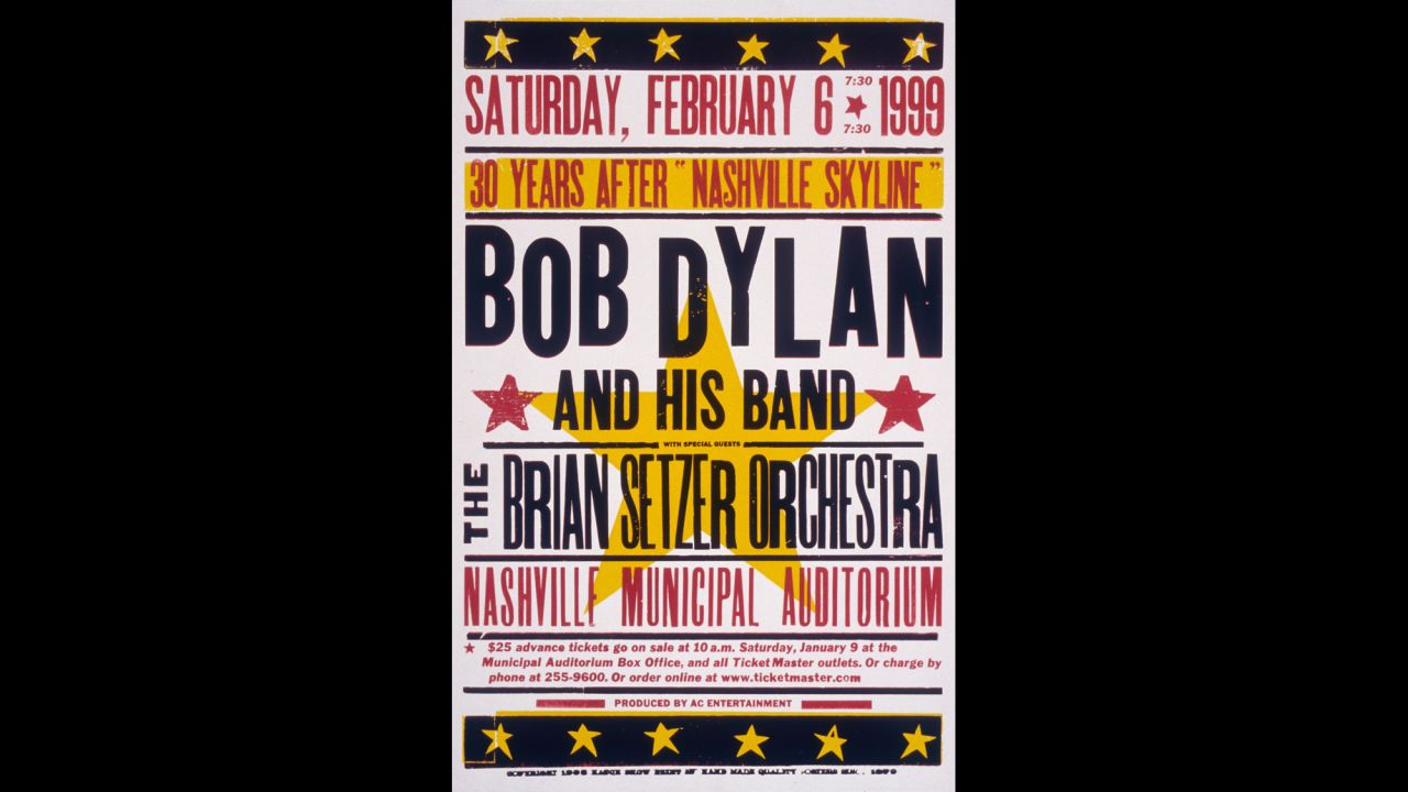 A custom Hatch Show Print for Bob Dylan and the Brian Setzer Orchestra for a show at the Nashville Municipal Auditorium on February 6, 1999.