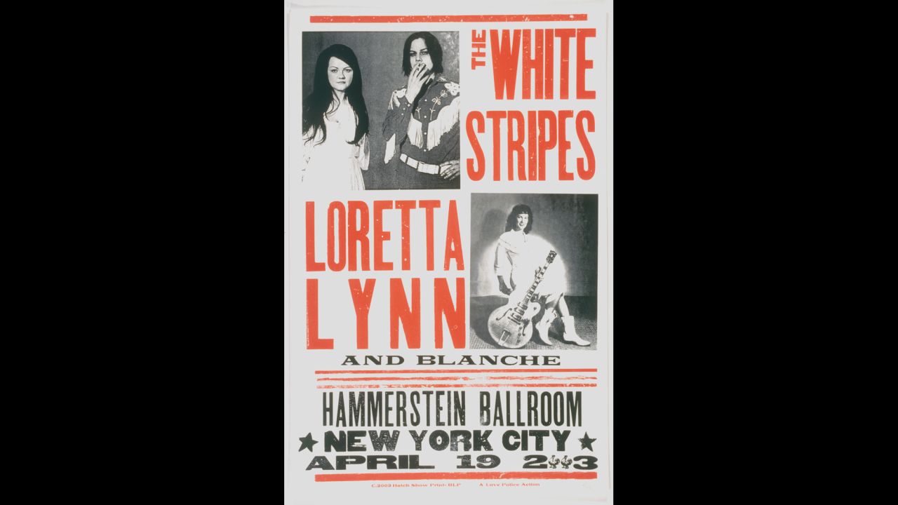A custom Hatch Show Print for a show at the Hammerstein Ballroom in New York with The White Stripes, Loretta Lynn and Blanche in 2003