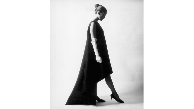 A model wears a silk Balenciaga evening dress in 1967.