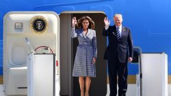 TOPSHOT - US President Donald Trump (R) and First Lady Melania Trump wave as they step off Air Force One upon their arrival at Melsbroek military airport in Steenokkerzeel on May 24, 2017, on the eve of the NATO summit.
Hoping for the best, fearing the worst: EU and NATO leaders are braced for their first meeting with US President Donald Trump on their home turf on May 25, 2017. / AFP PHOTO / Emmanuel DUNAND        (Photo credit should read EMMANUEL DUNAND/AFP/Getty Images)