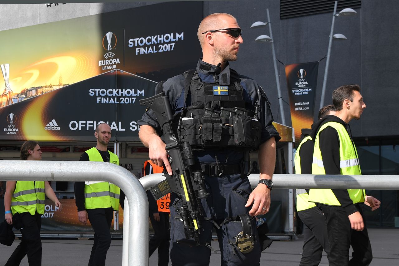 A marksman patrols the perimeter of the stadium. Following Monday's terror attack in Manchester, European governing body UEFA said there was "no specific intelligence" to suggest the match was under threat.