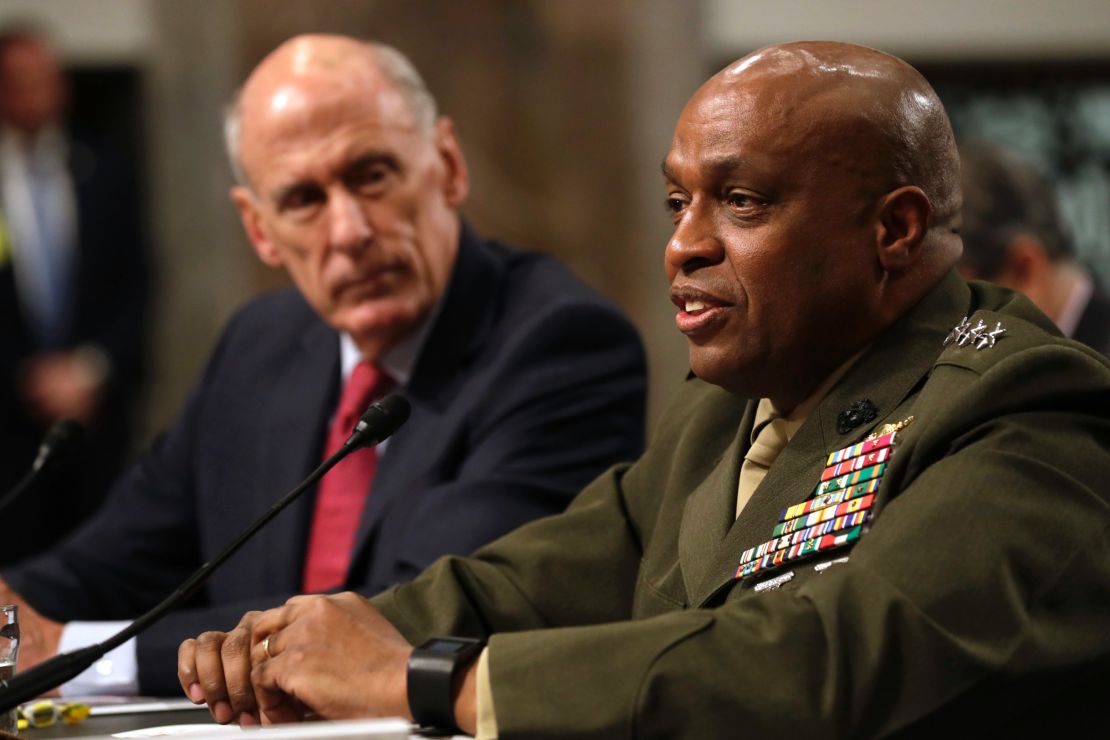 Defense Intelligence Agency Director Lt. Gen. Vincent Stewart, right, accompanied by Director of National Intelligence Dan Coats, speaks before the Senate Armed Services Committee on Tuesday.