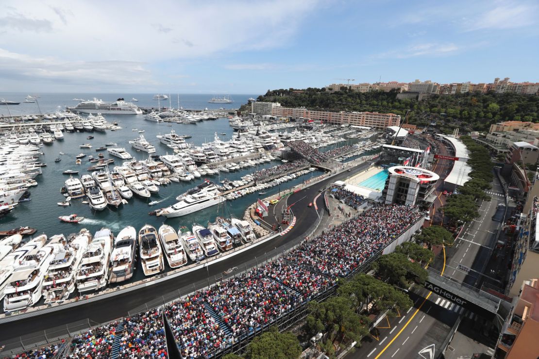 Crowds watching the track action from yachts and grandstands at the 2016 Monaco Grand Prix.