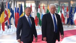 European Council President Donald Tusk (L) welcomes US President Donald Trump (R) at EU headquarters, as part of the NATO meeting, in Brussels, on May 25, 2017. / AFP PHOTO / Emmanuel DUNANDEMMANUEL DUNAND/AFP/Getty Images
