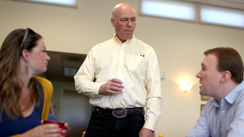 MISSOULA, MT - MAY 24:  Republican congressional candidate Greg Gianforte talks with supporters during a campaign meet and greet at Lambros Real Estate on May 24, 2017 in Missoula, Montana.  Greg Gianforte is campaigning throughout Montana ahead of a May 25 special election to fill Montana's single congressional seat. Gianforte is in a tight race against democrat Rob Quist.  (Photo by Justin Sullivan/Getty Images)